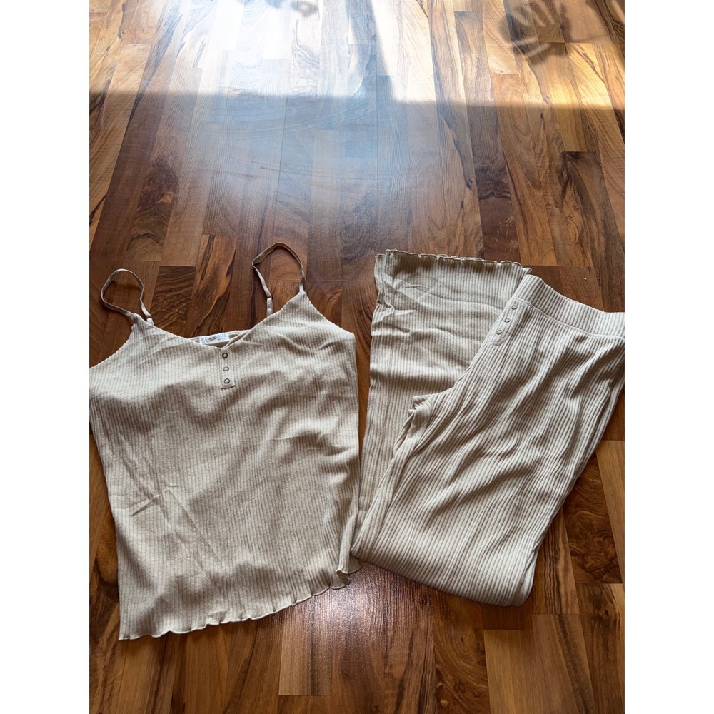 PJ Salvage Reloved Pajama Set Womens XL Beige NEW Ribbed Camisole Wide Leg Pants